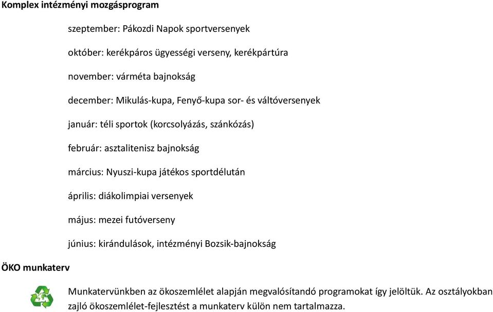 bajnokság március: Nyuszi-kupa játékos sportdélután április: diákolimpiai versenyek május: mezei futóverseny június: kirándulások, intézményi