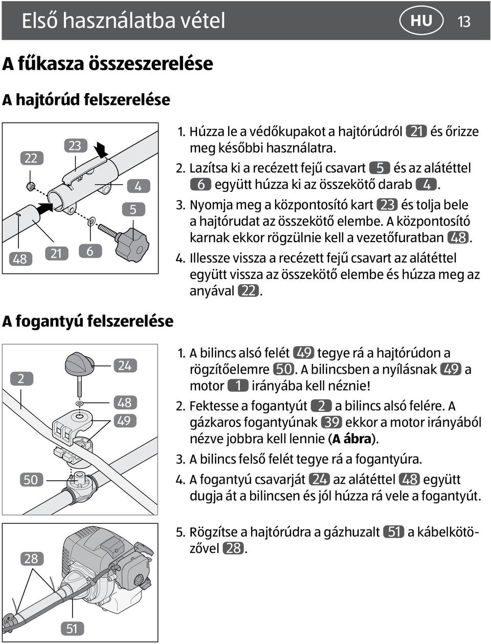 . 4. Illessze vissza a recézett fejű csavart az alátéttel együtt vissza az összekötő elembe és húzza meg az anyával 22. A fogantyú felszerelése 2 50 28 24 48 49 1.