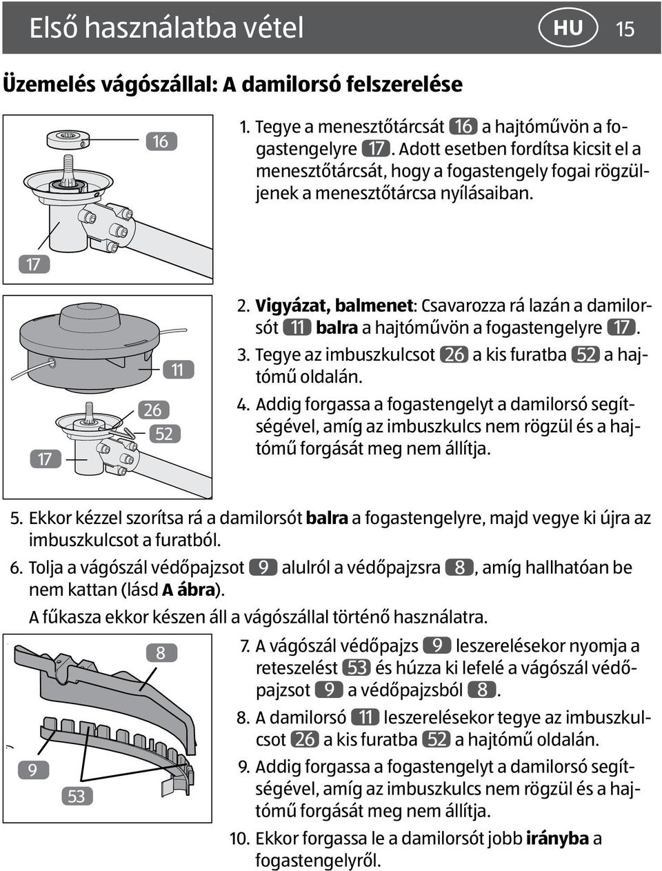 Vigyázat, balmenet: Csavarozza rá lazán a damilorsót 11 balra a hajtóművön a fogastengelyre 17. 3. Tegye az imbuszkulcsot 26 a kis furatba 52 a hajtómű oldalán. 4.