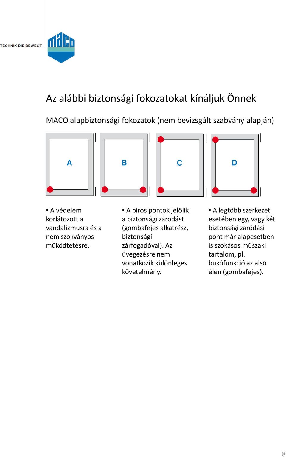 A piros pontok jelölik a biztonsági záródást (gombafejes alkatrész, biztonsági zárfogadóval).