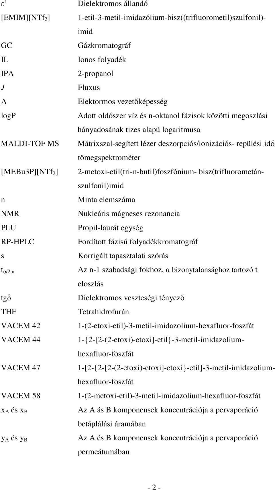 deszorpciós/ionizációs- repülési id tömegspektrométer [MEBu3P][NTf 2 ] 2-metoxi-etil(tri-n-butil)foszfónium- bisz(trifluorometánszulfonil)imid n Minta elemszáma NMR Nukleáris mágneses rezonancia PLU