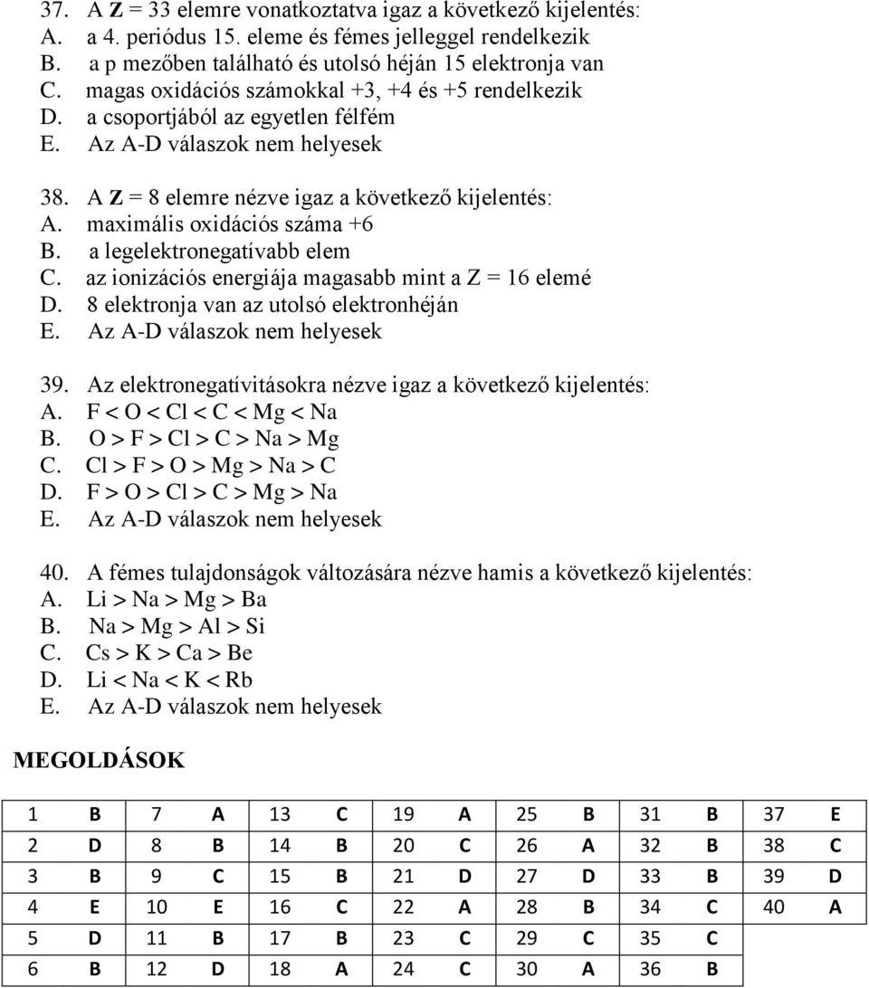 a legelektronegatívabb elem C. az ionizációs energiája magasabb mint a Z = 16 elemé D. 8 elektronja van az utolsó elektronhéján 39. Az elektronegatívitásokra nézve igaz a következő kijelentés: A.