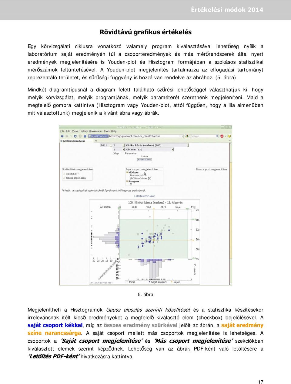 A Youden-plot megjelenítés tartalmazza az elfogadási tartományt reprezentáló területet, és sűrűségi függvény is hozzá van rendelve az ábrához. (5.