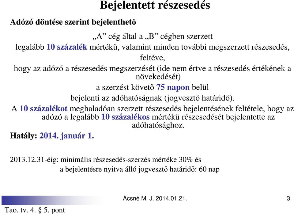 határidő). A 10 százalékot meghaladóan szerzett részesedés bejelentésének feltétele, hogy az adózó a legalább 10 százalékos mértékű részesedését bejelentette az adóhatósághoz.