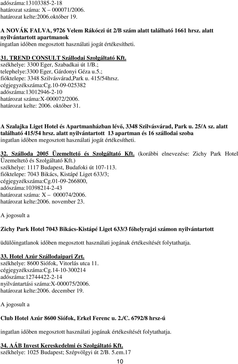 ; telephelye:3300 Eger, Gárdonyi Géza u.5.; fióktelepe: 3348 Szilvásvárad,Park u. 415/54hrsz. cégjegyzékszáma:cg.10-09-025382 adószáma:13012946-2-10 határozat száma:x-000072/2006.