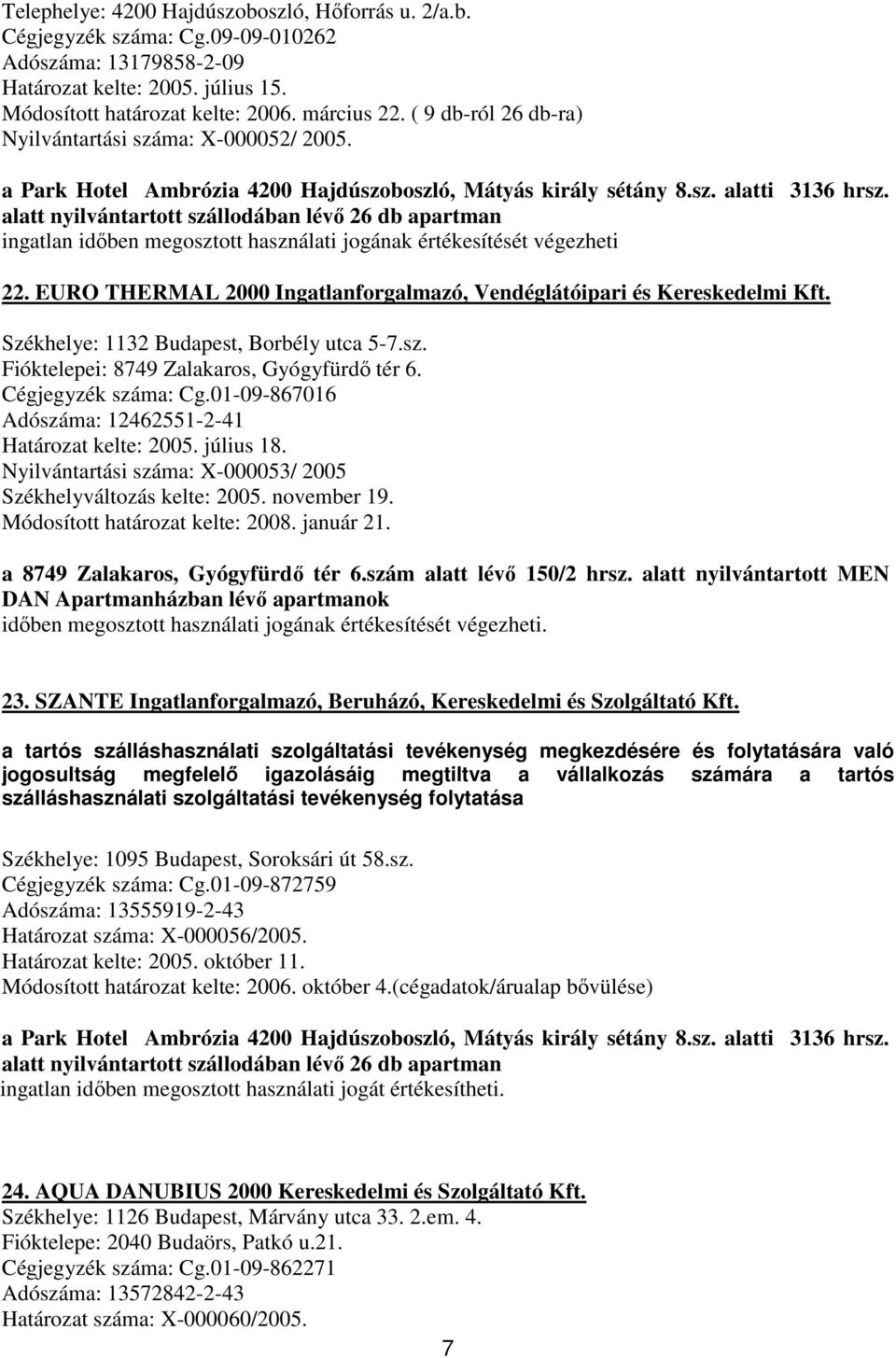 alatt nyilvántartott szállodában lévı 26 db apartman ingatlan idıben megosztott használati jogának értékesítését végezheti 22.