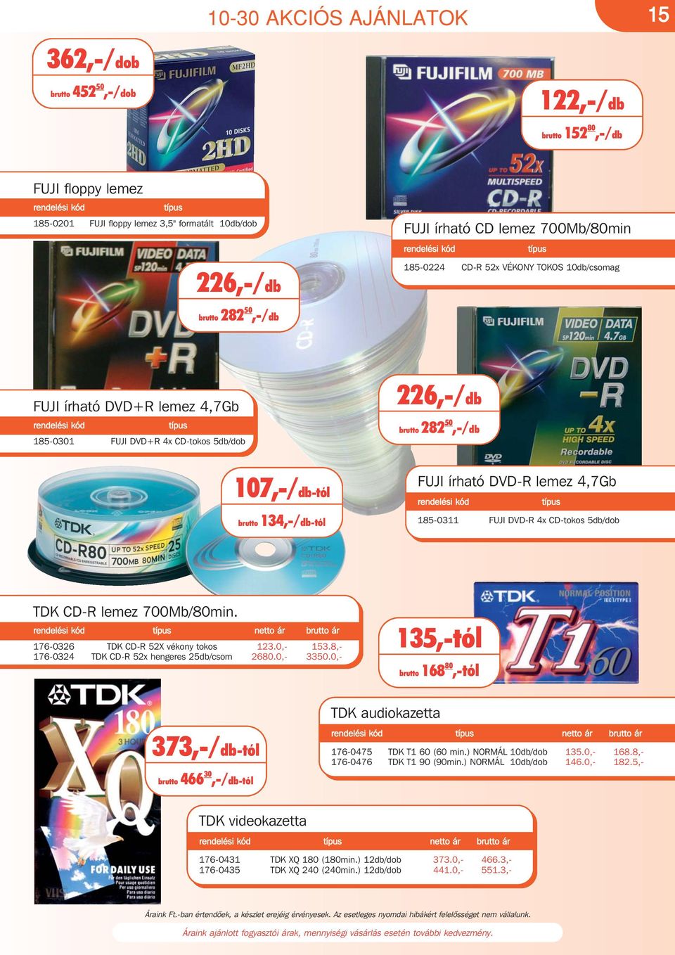 írható DVD-R lemez 4,7Gb 185-0311 FUJI DVD-R 4x CD-tokos 5db/dob TDK CD-R lemez 700Mb/80min. netto ár brutto ár 176-0326 TDK CD-R 52X vékony tokos 123.0,- 153.