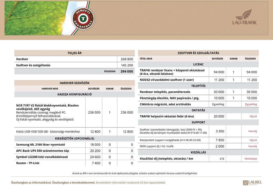 paraméterezés 30 000 1 30 000 Pénztárgép élesítés, NAV papírozás / ptg. 10 000 1 10 000 NCR 7197 V2 fiskál blokknyomtató, Bixolon vevőkijelző, AEE egység Rendszerváltás csomag: meglévő PC.