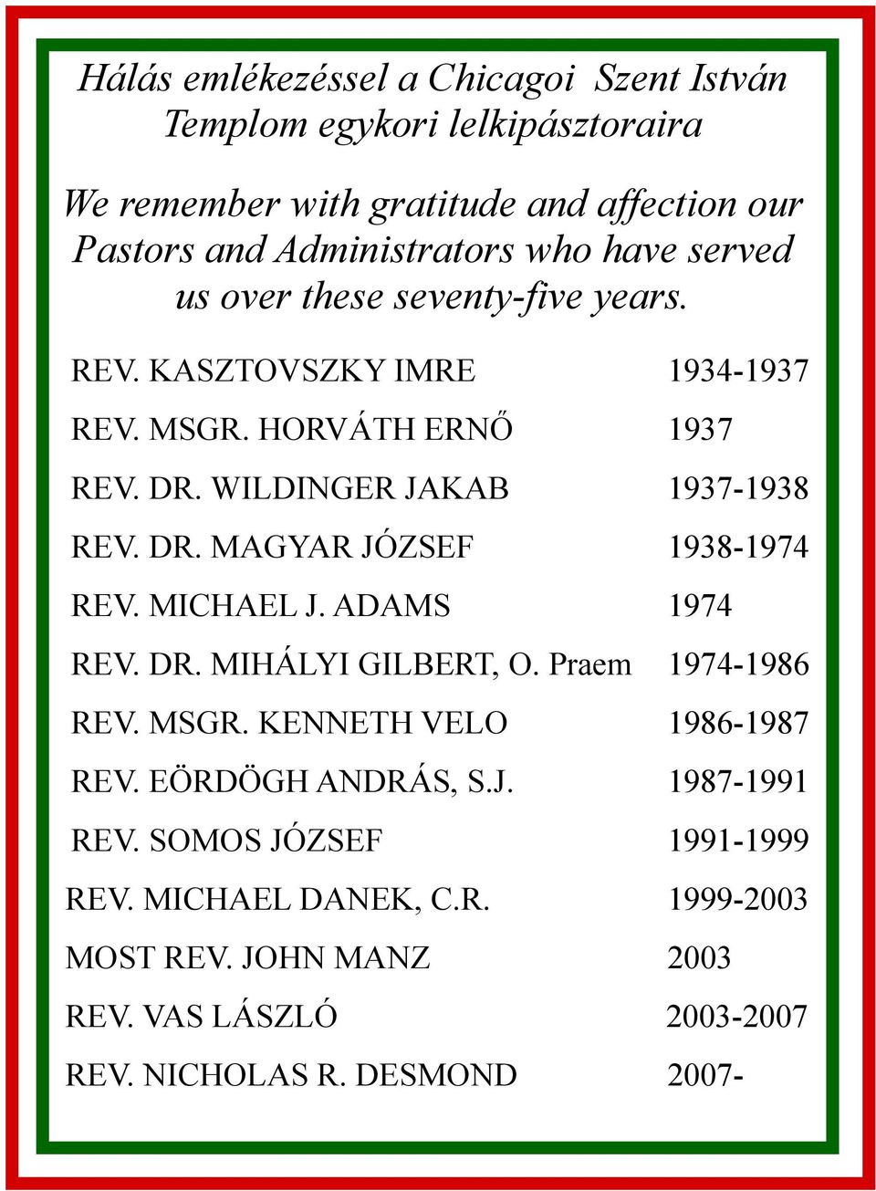 MICHAEL J. ADAMS 1974 REV. DR. MIHÁLYI GILBERT, O. Praem 1974-1986 REV. MSGR. KENNETH VELO 1986-1987 REV. EÖRDÖGH ANDRÁS, S.J. 1987-1991 REV.