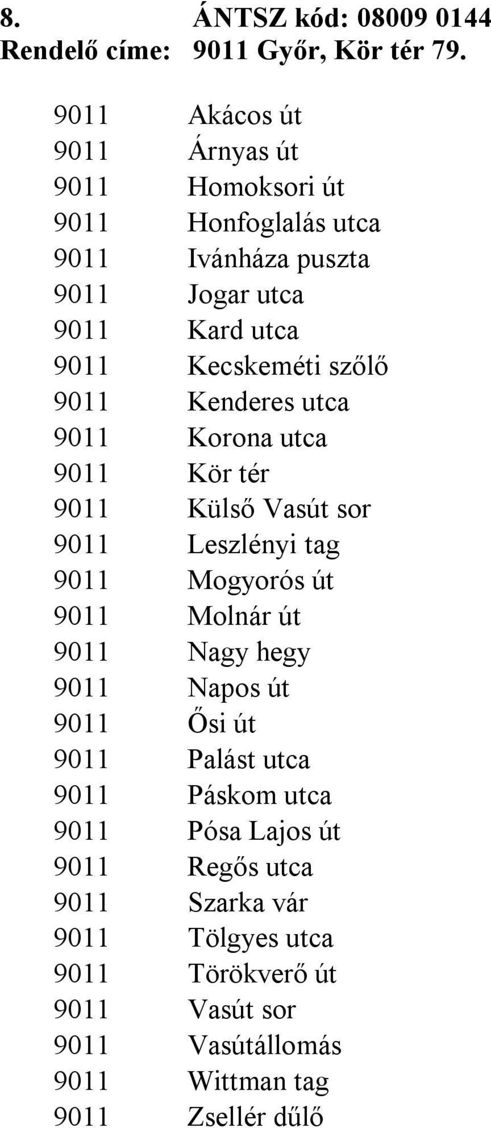 szőlő 9011 Kenderes utca 9011 Korona utca 9011 Kör tér 9011 Külső Vasút sor 9011 Leszlényi tag 9011 Mogyorós út 9011 Molnár út 9011 Nagy