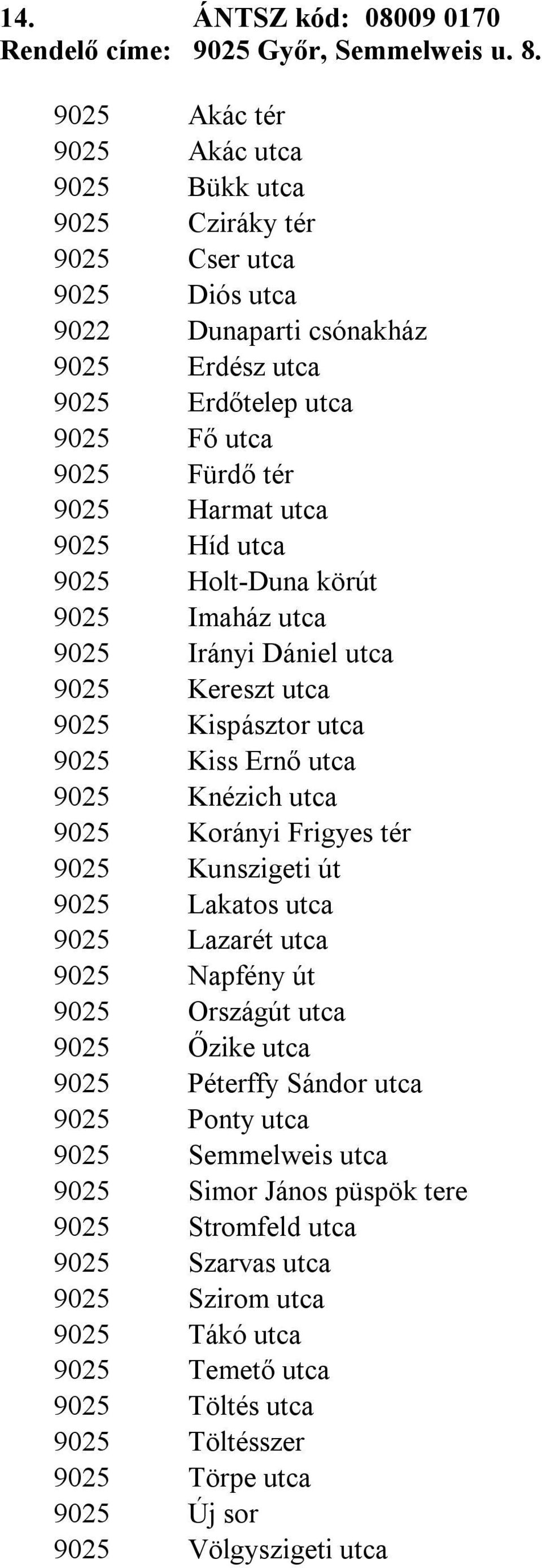 9025 Híd utca 9025 Holt-Duna körút 9025 Imaház utca 9025 Irányi Dániel utca 9025 Kereszt utca 9025 Kispásztor utca 9025 Kiss Ernő utca 9025 Knézich utca 9025 Korányi Frigyes tér 9025 Kunszigeti út