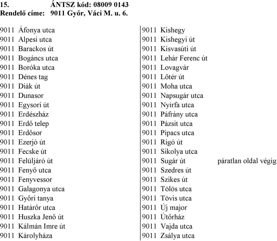 út 9011 Fecske út 9011 Felüljáró út 9011 Fenyő utca 9011 Fenyvessor 9011 Galagonya utca 9011 Győri tanya 9011 Határőr utca 9011 Huszka Jenő út 9011 Kálmán Imre út 9011 Károlyháza 9011 Kishegy 9011