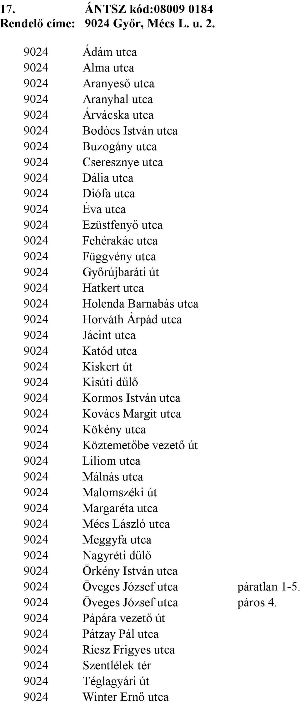 9024 Ezüstfenyő utca 9024 Fehérakác utca 9024 Függvény utca 9024 Győrújbaráti út 9024 Hatkert utca 9024 Holenda Barnabás utca 9024 Horváth Árpád utca 9024 Jácint utca 9024 Katód utca 9024 Kiskert út