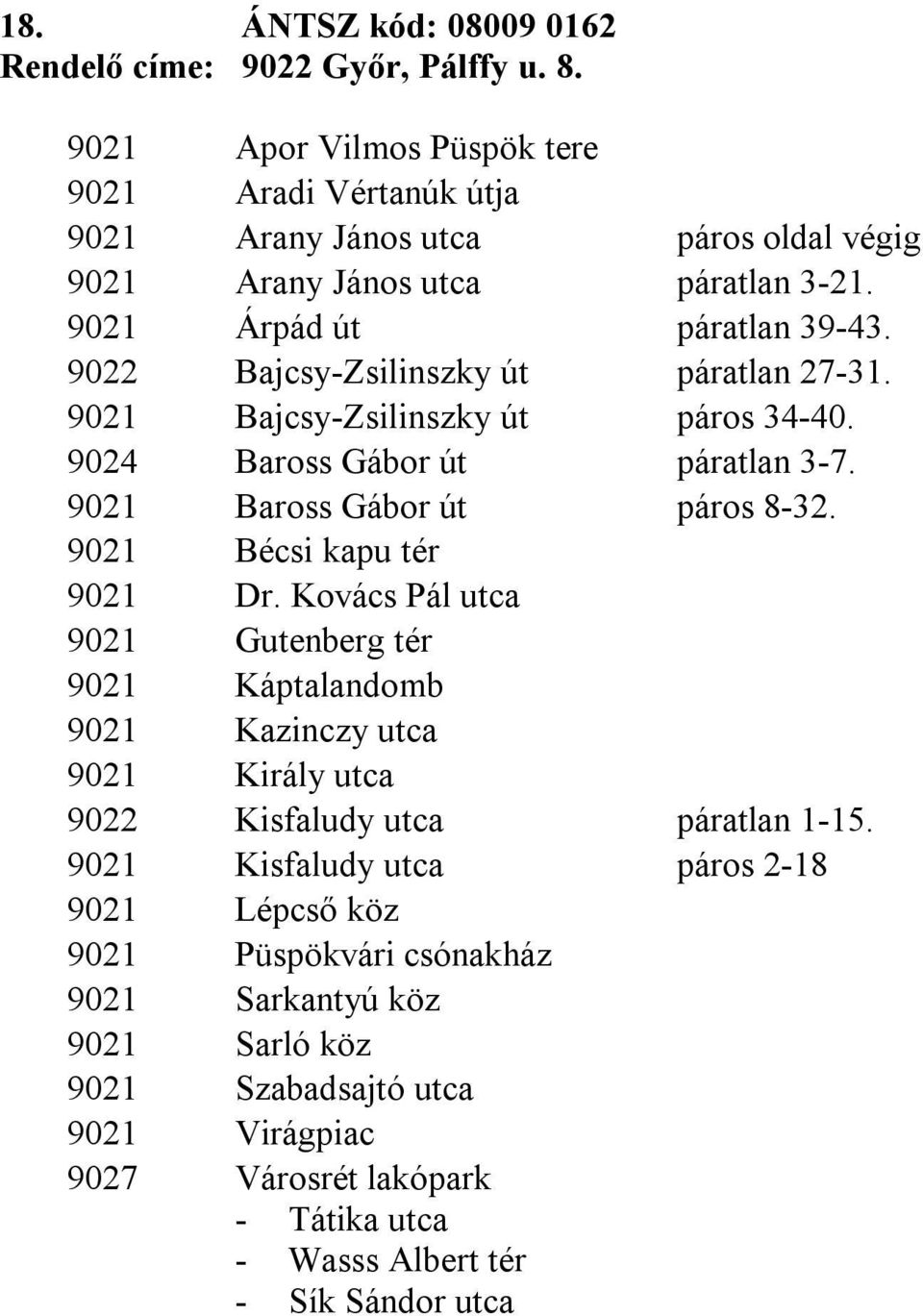 9022 Bajcsy-Zsilinszky út páratlan 27-31. 9021 Bajcsy-Zsilinszky út páros 34-40. 9024 Baross Gábor út páratlan 3-7. 9021 Baross Gábor út páros 8-32. 9021 Bécsi kapu tér 9021 Dr.