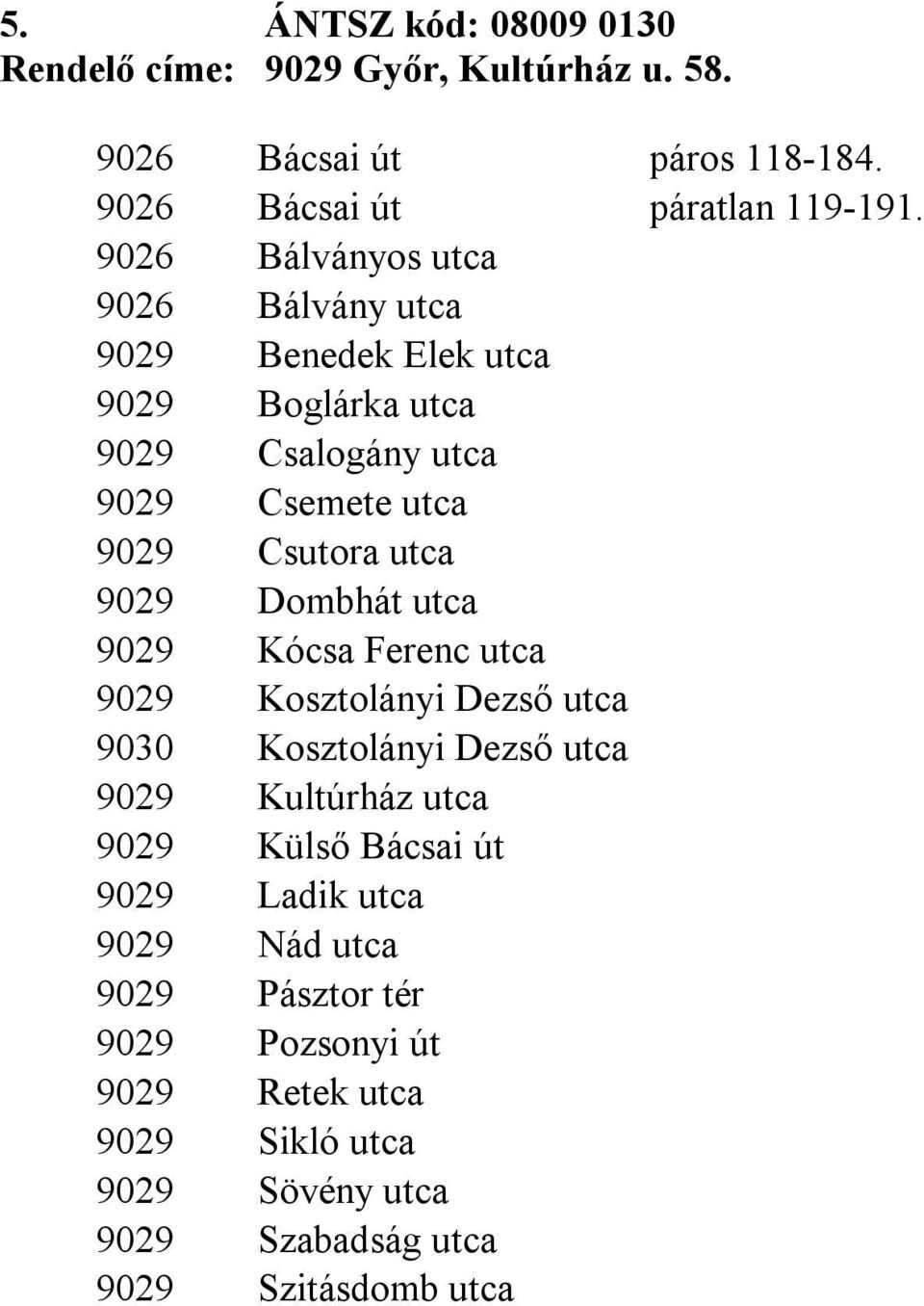 9029 Dombhát utca 9029 Kócsa Ferenc utca 9029 Kosztolányi Dezső utca 9030 Kosztolányi Dezső utca 9029 Kultúrház utca 9029 Külső Bácsai út