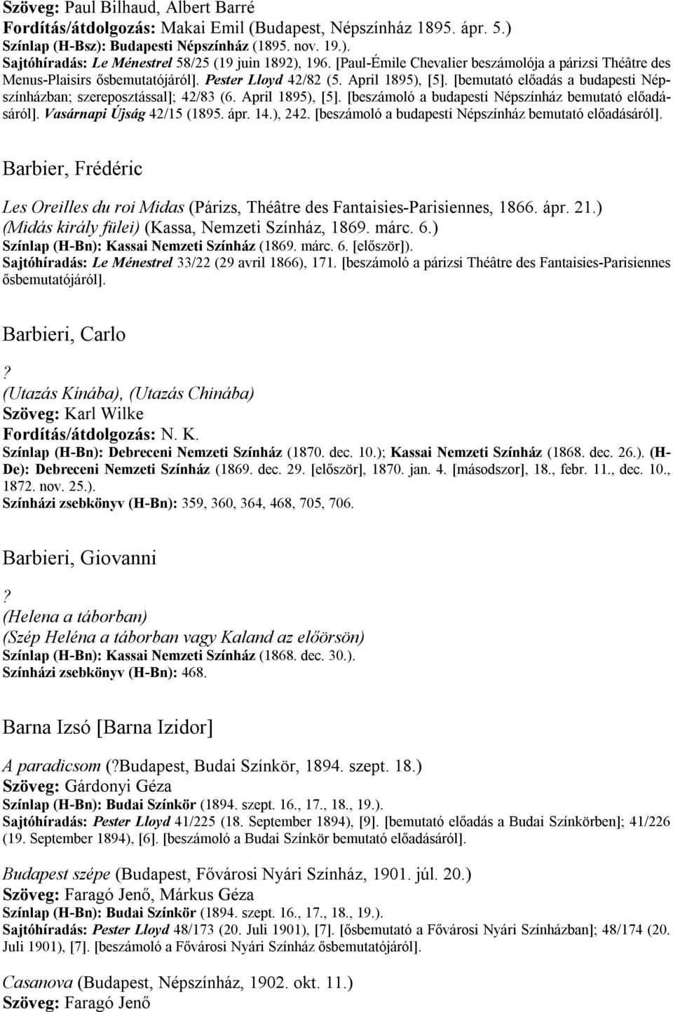 [bemutató előadás a budapesti Népszínházban; szereposztással]; 42/83 (6. April 1895), [5]. [beszámoló a budapesti Népszínház bemutató előadásáról]. Vasárnapi Újság 42/15 (1895. ápr. 14.), 242.