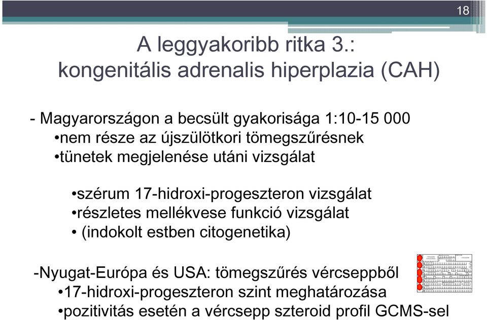 17-hidroxi-progeszteron vizsgálat részletes mellékvese funkció vizsgálat (indokolt estben citogenetika) -Nyugat-Európa és USA: tömegszőrés vércseppbıl 17-hidroxi-progeszteron szint meghatározása