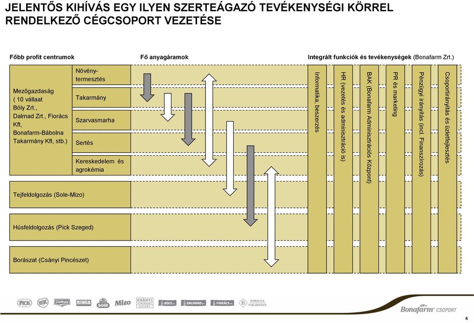 ) Növénytermesztés Takarmány Szarvasmarha Sertés Kereskedelem és agrokémia Informatika, beszerzés HR (vezetés és adminisztráció is) BAK (Bonafarm