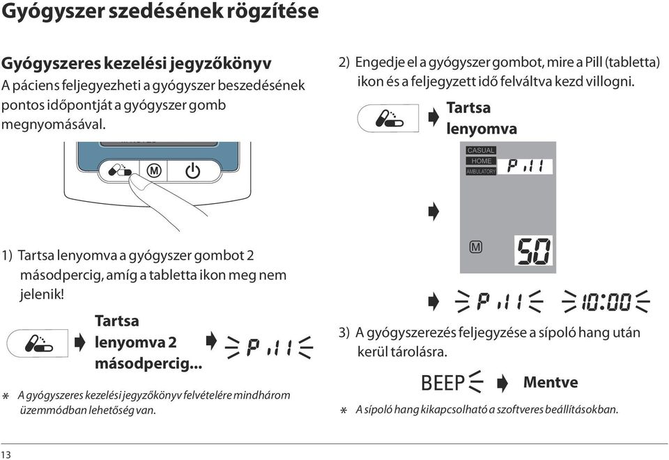 Tartsa lenyomva 1) Tartsa lenyomva a gyógyszer gombot 2 másodpercig, amíg a tabletta ikon meg nem jelenik! Tartsa lenyomva 2 másodpercig.