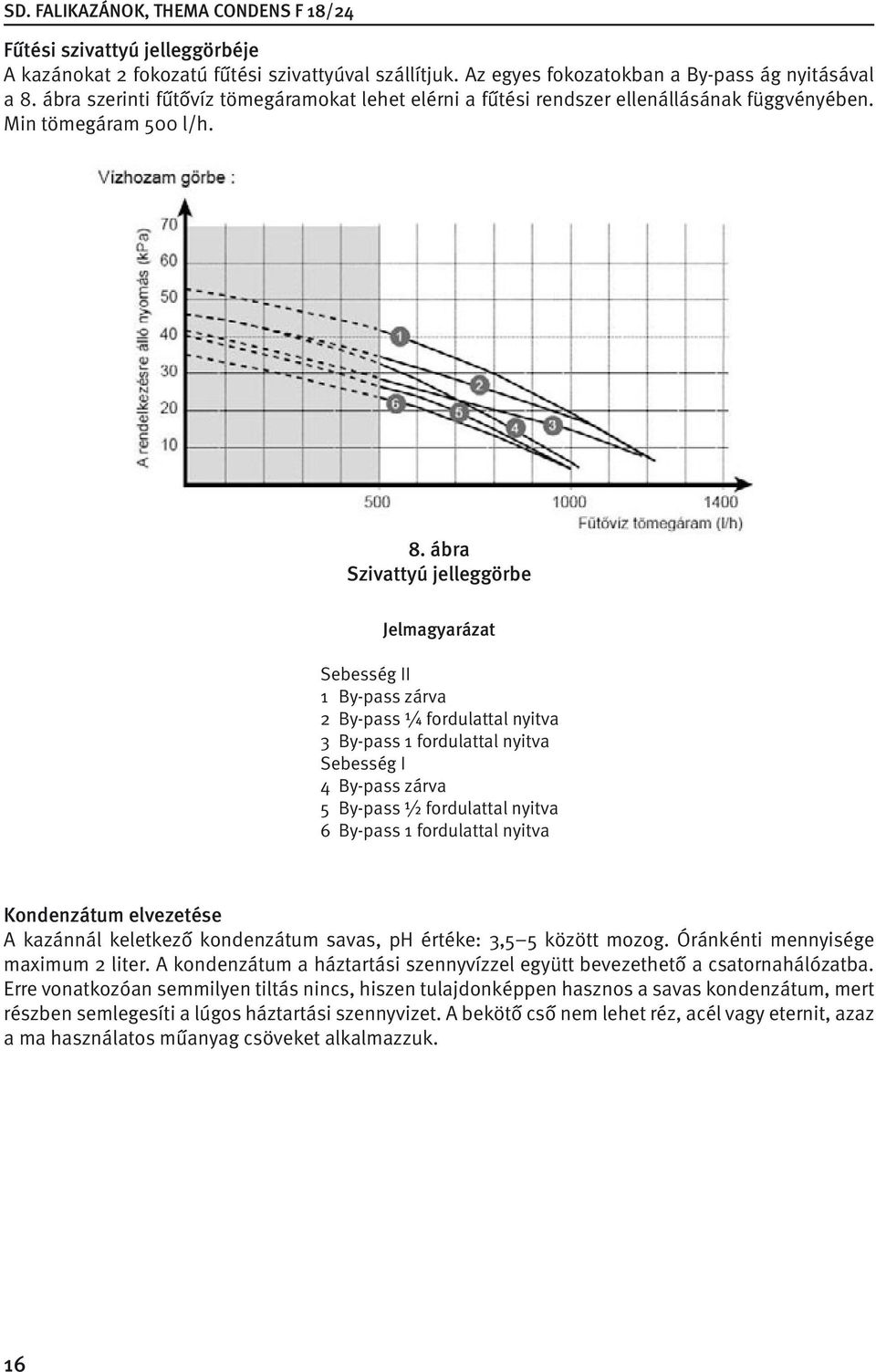 ábra Szivattyú jelleggörbe Jelmagyarázat Sebesség II 1 By-pass zárva 2 By-pass ¼ fordulattal nyitva 3 By-pass 1 fordulattal nyitva Sebesség I 4 By-pass zárva 5 By-pass ½ fordulattal nyitva 6 By-pass