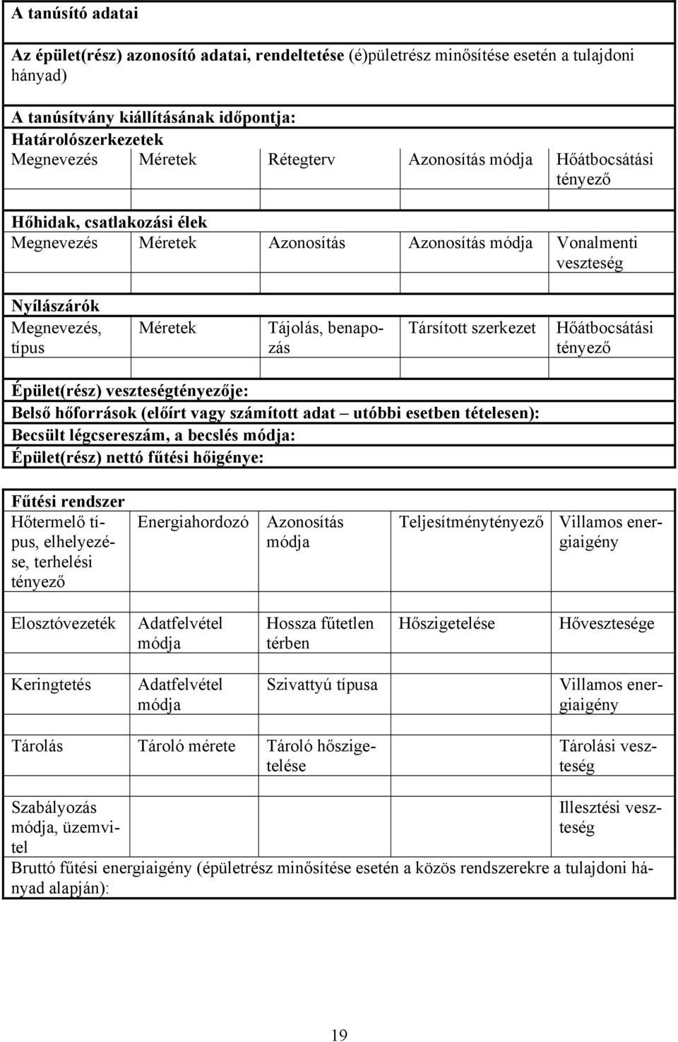 benapozás Társított szerkezet Hőátbocsátási tényező Épület(rész) veszteségtényezője: Belső hőforrások (előírt vagy számított adat utóbbi esetben tételesen): Becsült légcsereszám, a becslés módja: