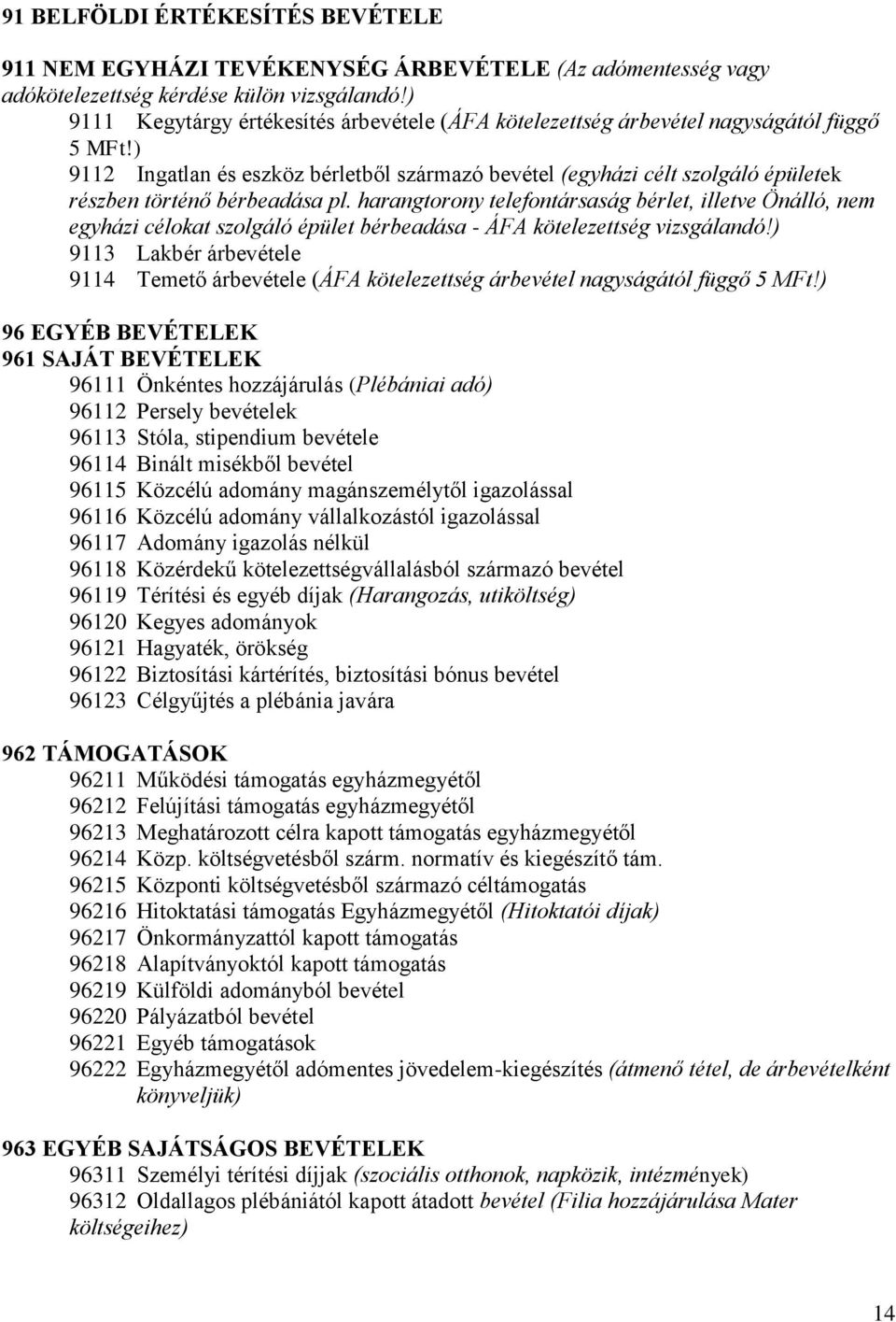 ) 9112 Ingatlan és eszköz bérletből származó bevétel (egyházi célt szolgáló épületek részben történő bérbeadása pl.