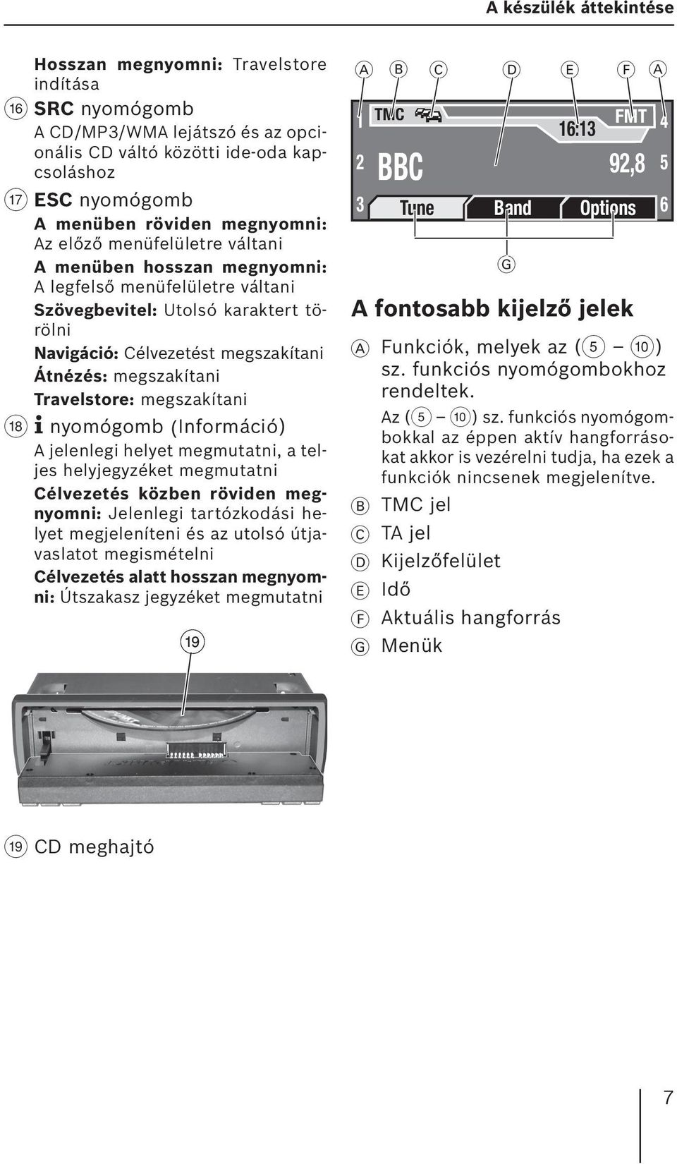 megszakítani Travelstore: megszakítani B nyomógomb (Információ) A jelenlegi helyet megmutatni, a teljes helyjegyzéket megmutatni Célvezetés közben röviden megnyomni: Jelenlegi tartózkodási helyet