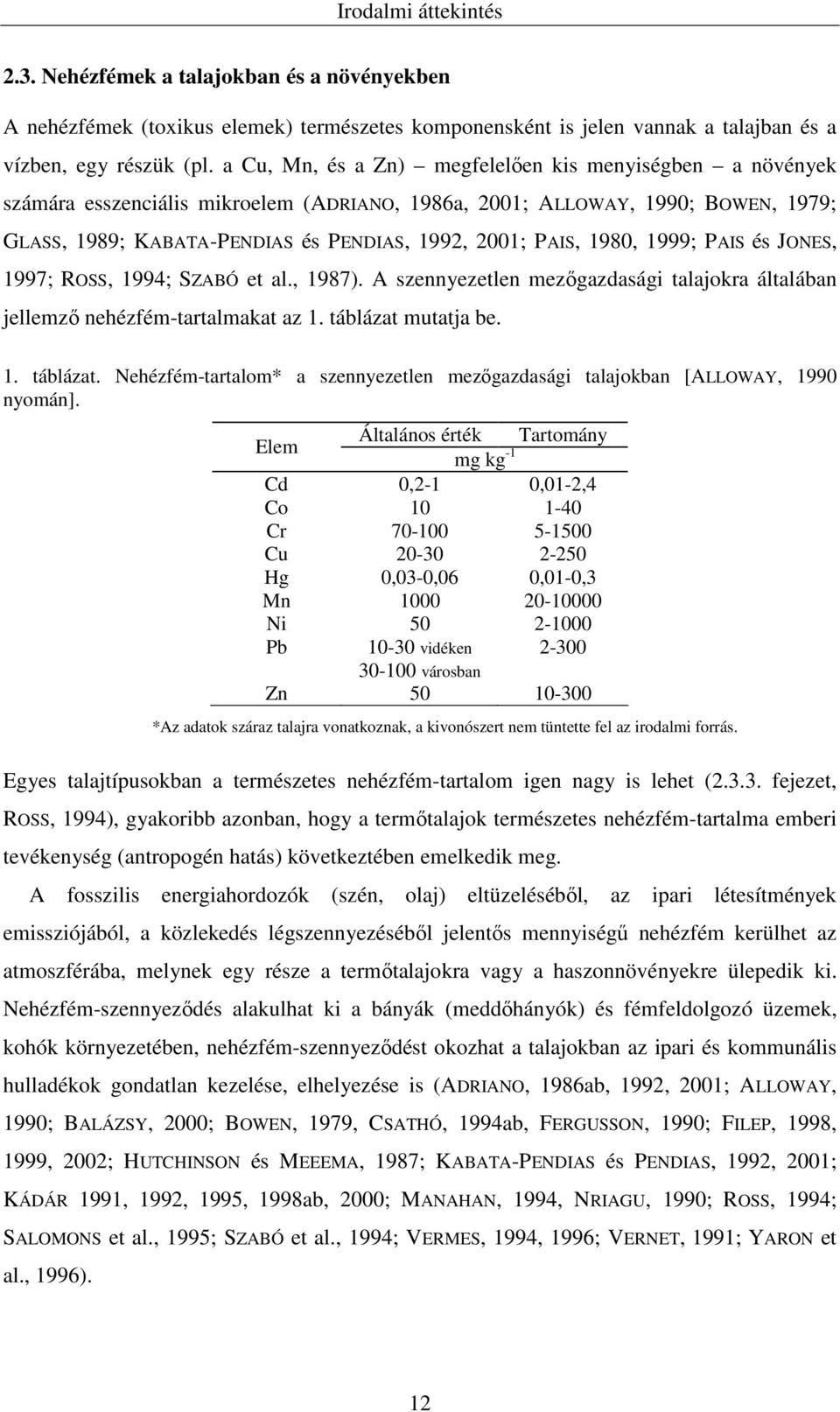 1980, 1999; PAIS és JONES, 1997; ROSS, 1994; SZABÓ et al., 1987). A szennyezetlen mezőgazdasági talajokra általában jellemző nehézfém-tartalmakat az 1. táblázat 