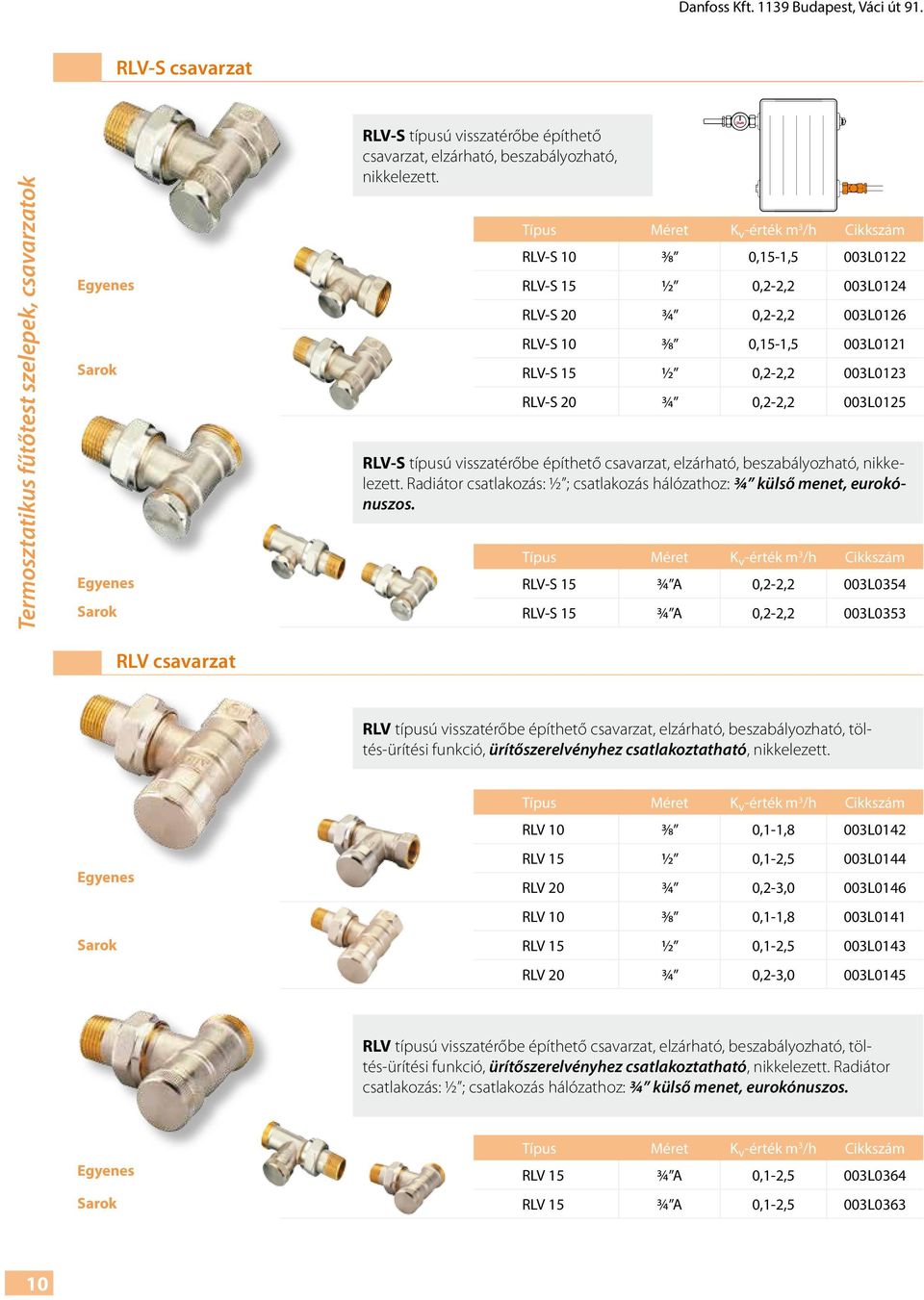 Típus Méret K v -érték m 3 /h Cikkszám RLV-S 10 3/8 0,15-1,5 003L0122 RLV-S 15 1/2 0,2-2,2 003L0124 RLV-S 20 3/4 0,2-2,2 003L0126 RLV-S 10 3/8 0,15-1,5 003L0121 RLV-S 15 1/2 0,2-2,2 003L0123 RLV-S 20