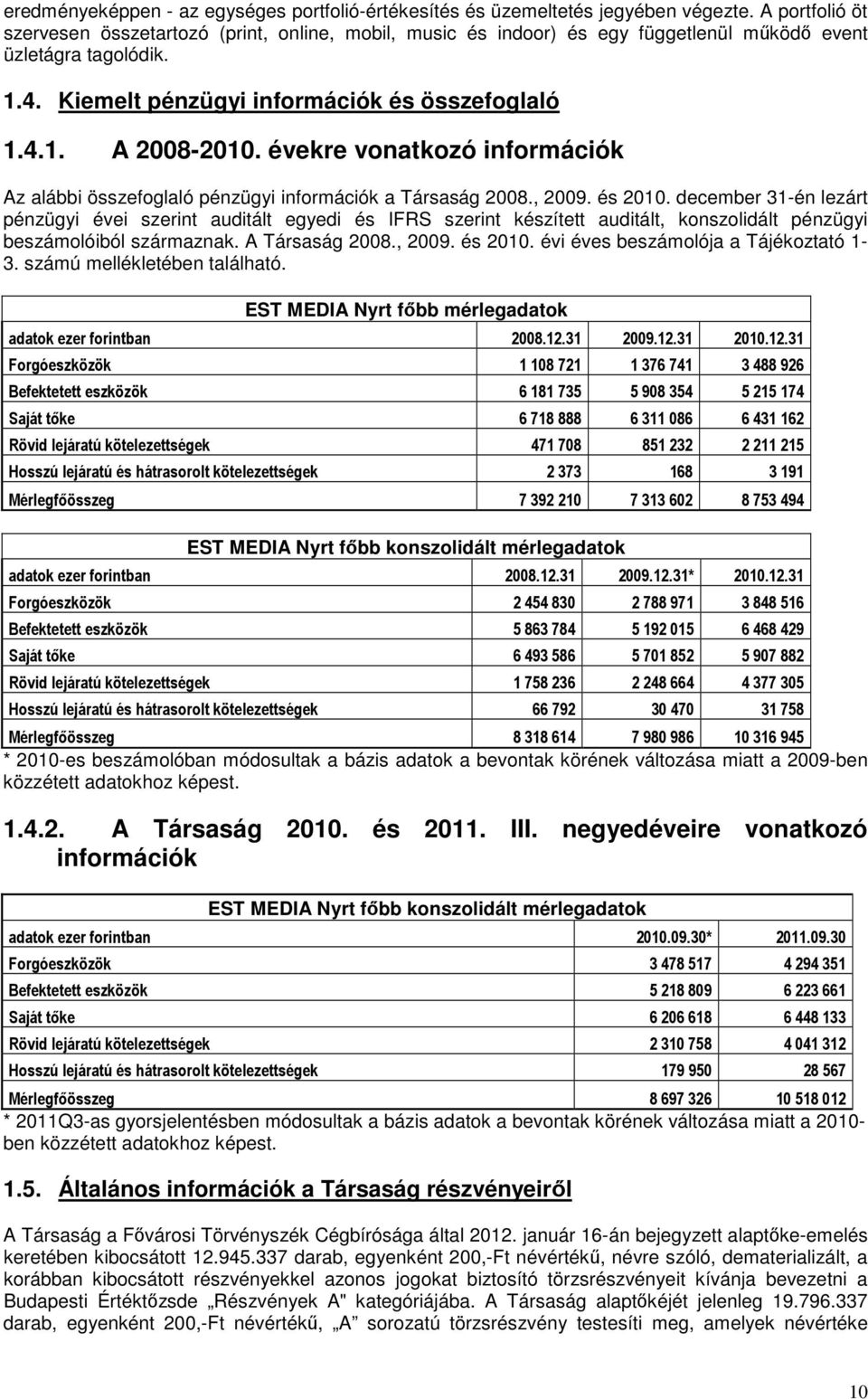 évekre vonatkozó információk Az alábbi összefoglaló pénzügyi információk a Társaság 2008., 2009. és 2010.