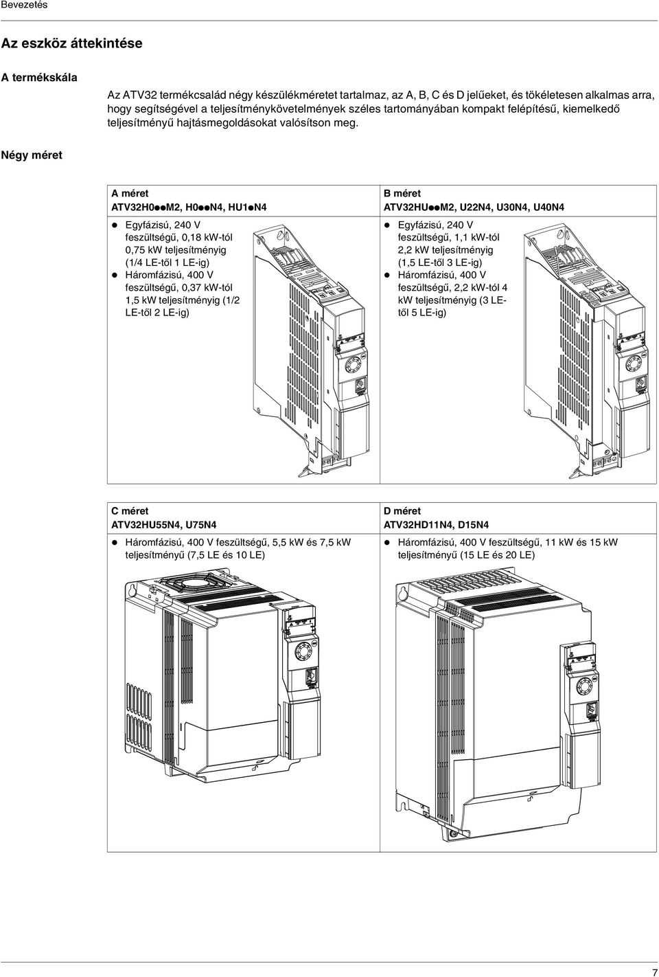 Négy méret A méret ATV32H0ppM2, H0ppN4, HU1pN4 Egyfázisú, 240 V feszültségű, 0,18 kw-tól 0,75 kw teljesítményig (1/4 LE-től 1 LE-ig) Háromfázisú, 400 V feszültségű, 0,37 kw-tól 1,5 kw teljesítményig