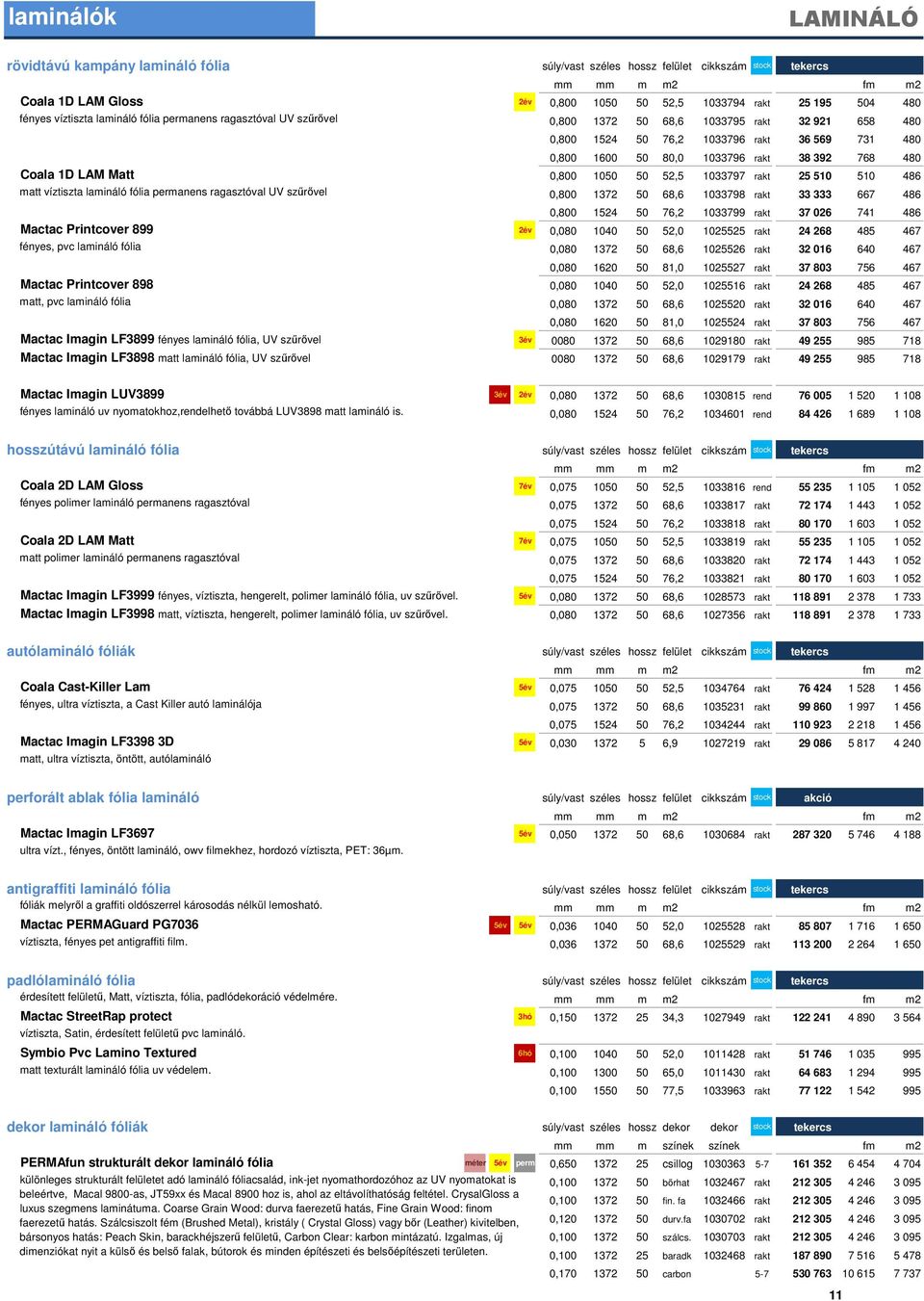25 510 510 486 matt víztiszta lamináló fólia permanens ragasztóval UV szűrővel 0,800 1372 50 68,6 1033798 rakt 33 333 667 486 0,800 1524 50 76,2 1033799 rakt 37 026 741 486 Mactac Printcover 899 2év