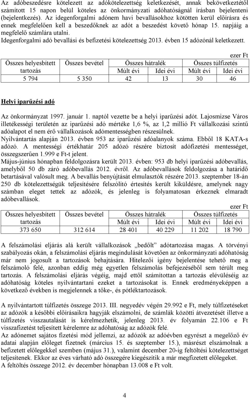 Idegenforgalmi adó bevallási és befizetési kötelezettség 2013. évben 15 adózónál keletkezett.