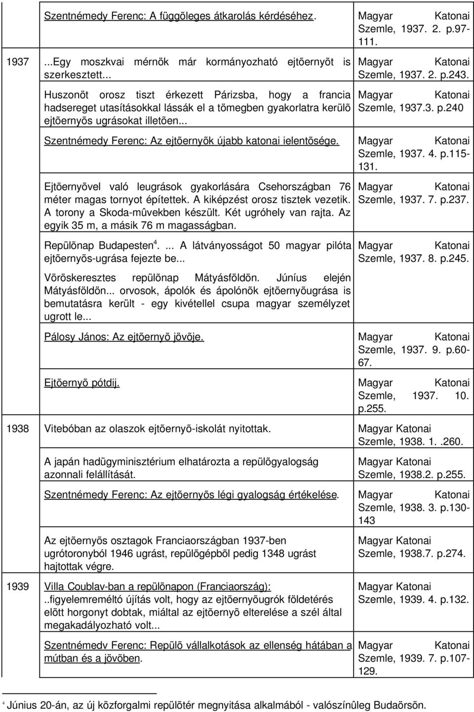 243. Szemle, 1937.3. p.240 Szentnémedy Ferenc: Az ejtõernyõk újabb katonai ielentõsége. Szemle, 1937. 4. p.115-131.