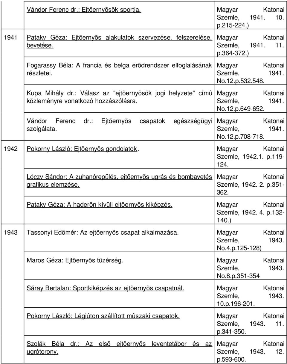 : Ejtõernyõs csapatok egészségügyi szolgálata. Szemle, 1941. 11. p.364-372.) Szemle, 1941. No.12.p.532.548. Szemle, 1941. No.12.p.649-652. Szemle, 1941. No.12.p.708-718.