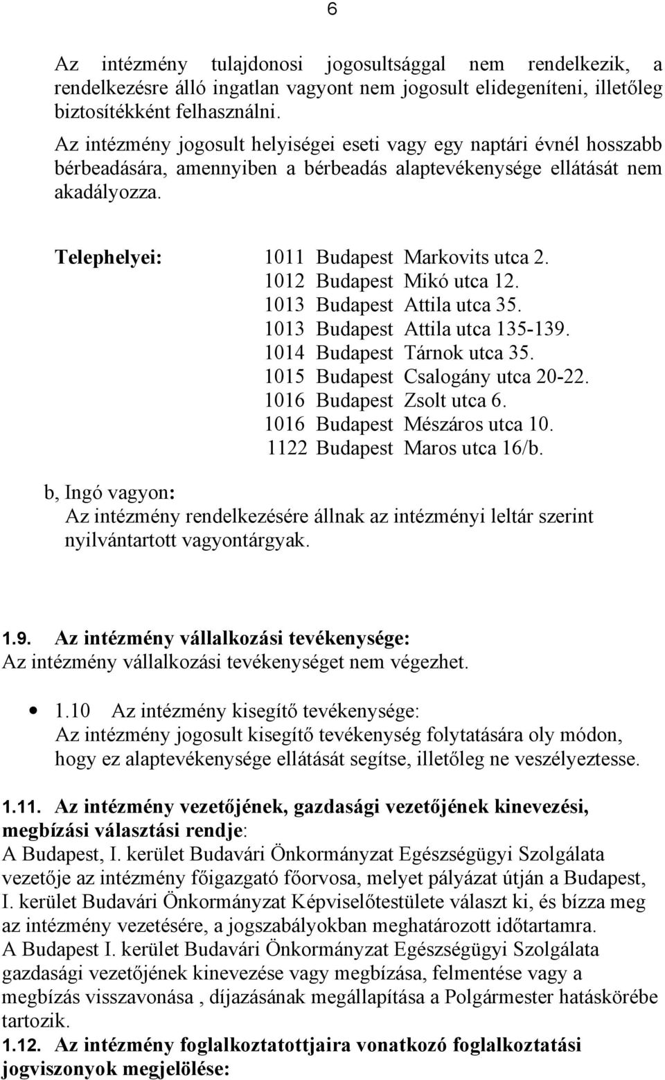 1012 Budapest Mikó utca 12. 1013 Budapest Attila utca 35. 1013 Budapest Attila utca 135-139. 1014 Budapest Tárnok utca 35. 1015 Budapest Csalogány utca 20-22. 1016 Budapest Zsolt utca 6.