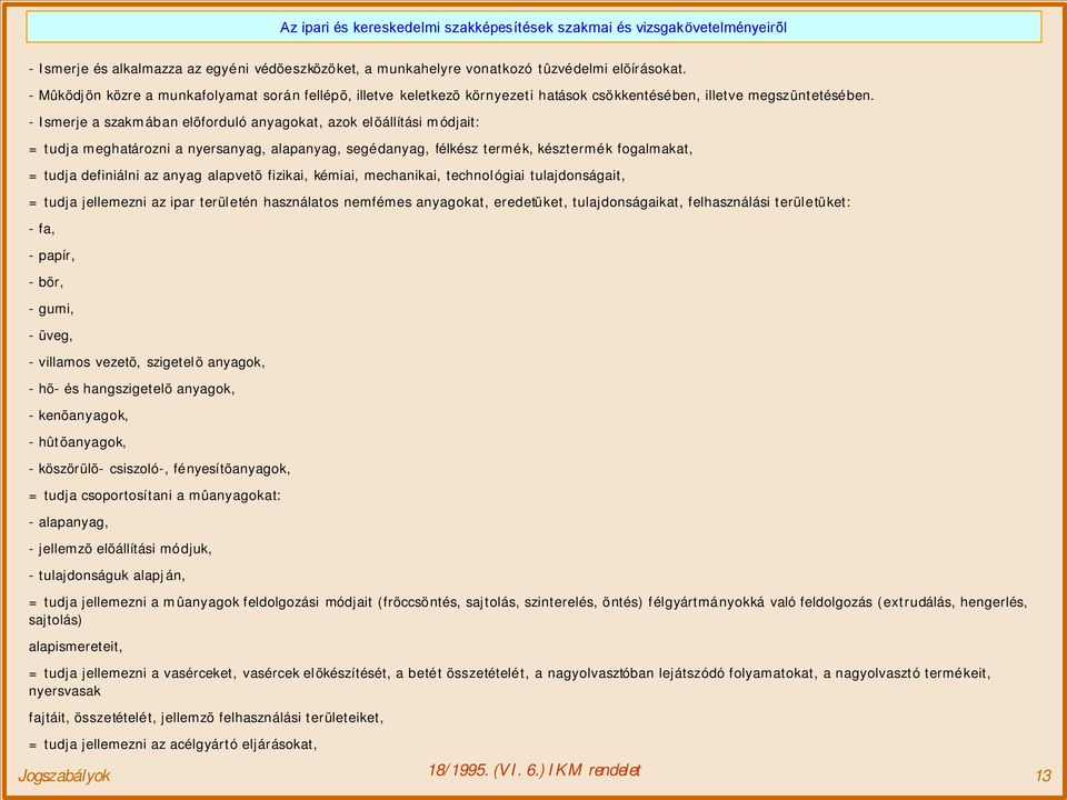 - Ismerje a szakmában elõforduló anyagokat, azok elõállítási módjait: = tudja meghatározni a nyersanyag, alapanyag, segédanyag, félkész termék, késztermék fogalmakat, = tudja definiálni az anyag