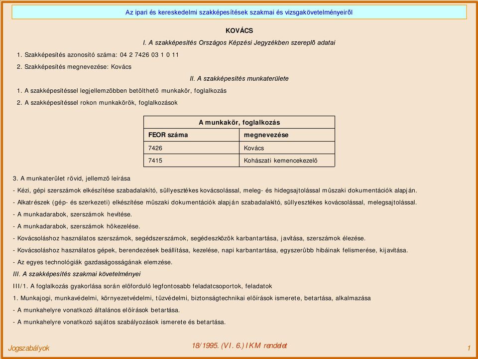 A szakképesítéssel rokon munkakörök, foglalkozások A munkakör, foglalkozás FEOR száma 7426 7415 megnevezése Kovács Kohászati kemencekezelõ 3.