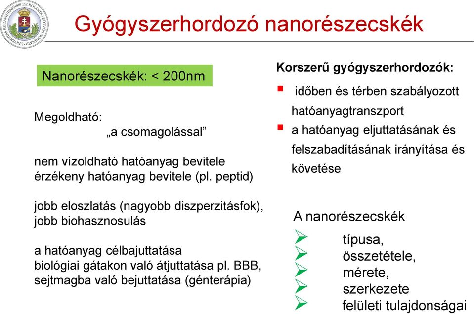 peptid) jobb eloszlatás (nagyobb diszperzitásfok), jobb biohasznosulás a hatóanyag célbajuttatása biológiai gátakon való átjuttatása pl.