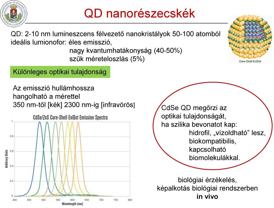 mérettel 350 nm-től [kék] 2300 nm-ig [infravörös] CdSe QD megőrzi az optikai tulajdonságát, ha szilika bevonatot kap: