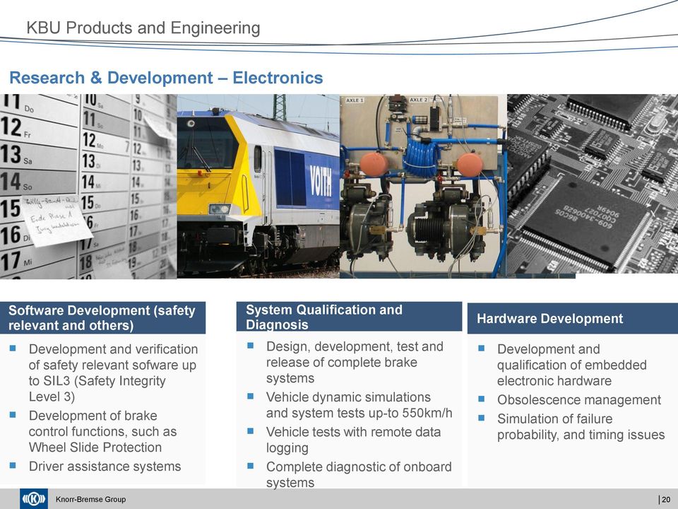 development, test and release of complete brake systems Vehicle dynamic simulations and system tests up-to 550km/h Vehicle tests with remote data logging Complete diagnostic