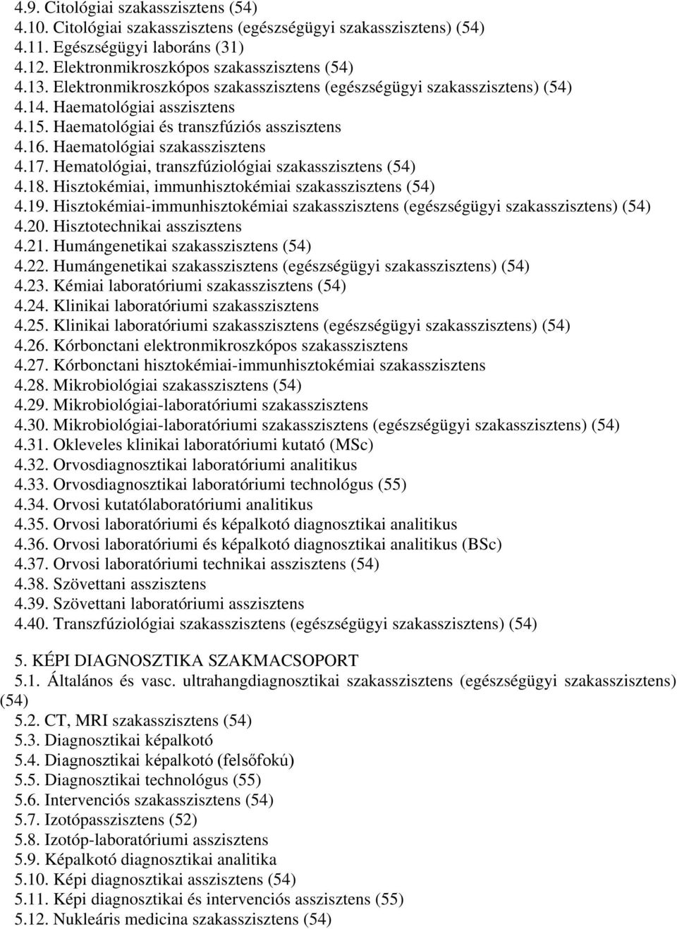 Hematológiai, transzfúziológiai szakasszisztens (54) 4.18. Hisztokémiai, immunhisztokémiai szakasszisztens (54) 4.19.