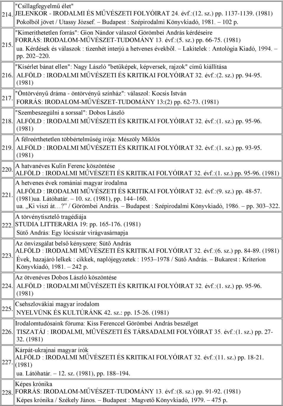 Lakitelek : Antológia Kiadó, 1994. pp. 202 220. 216. "Kísérlet bánat ellen": Nagy László "betűképek, képversek, rajzok" című kiállítása ALFÖLD : IRODALMI MŰVÉSZETI ÉS KRITIKAI FOLYÓIRAT 32. évf.:(2.