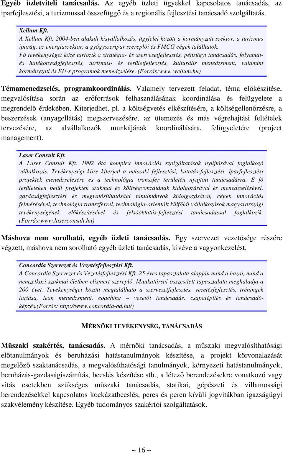 Fő tevékenységei közé tartozik a stratégia- és szervezetfejlesztés, pénzügyi tanácsadás, folyamatés hatékonyságfejlesztés, turizmus- és területfejlesztés, kulturális menedzsment, valamint kormányzati