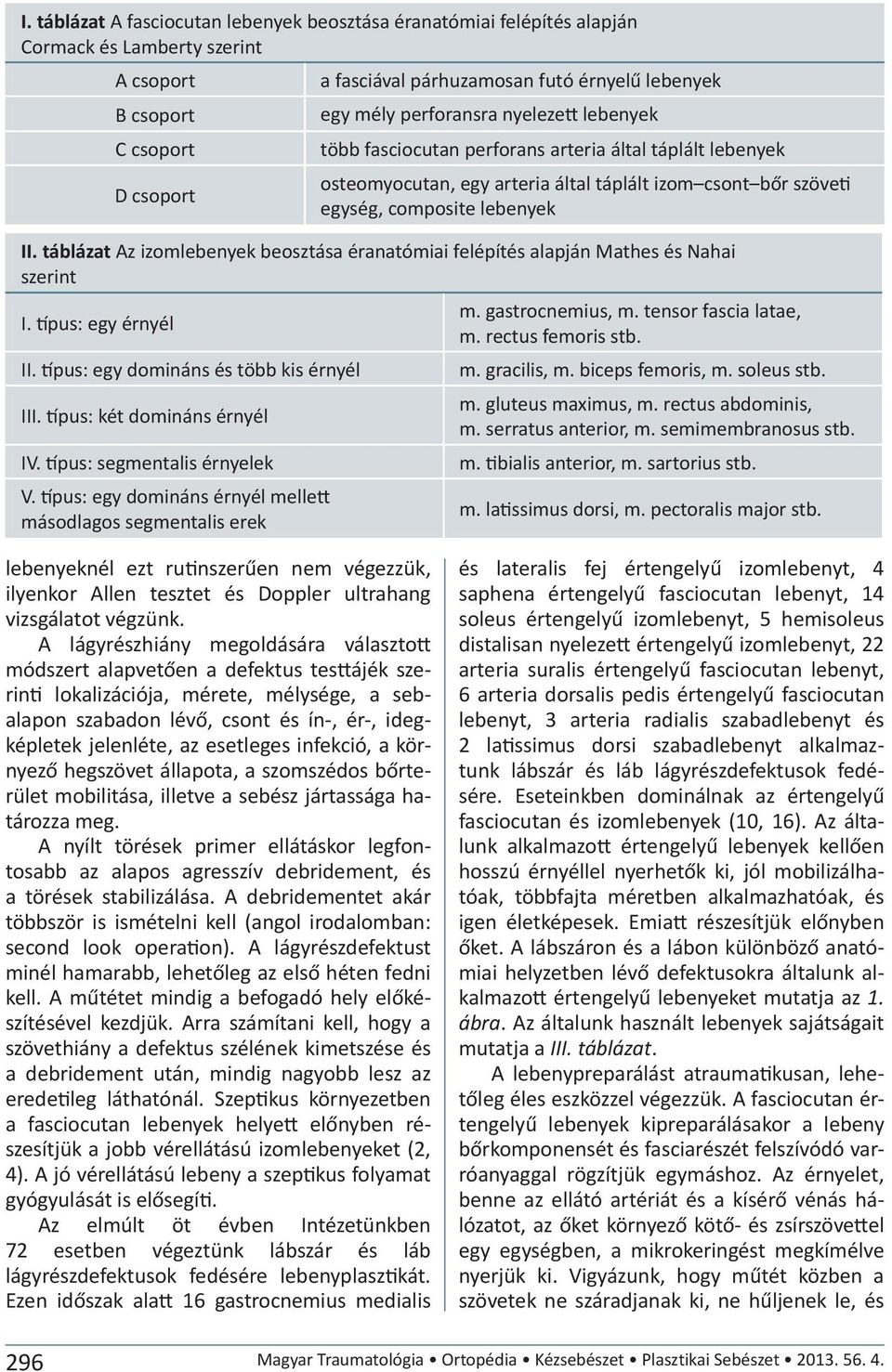 táblázat Az izomlebenyek beosztása éranatómiai felépítés alapján Mathes és Nahai szerint I. típus: egy érnyél II. típus: egy domináns és több kis érnyél III. típus: két domináns érnyél IV.