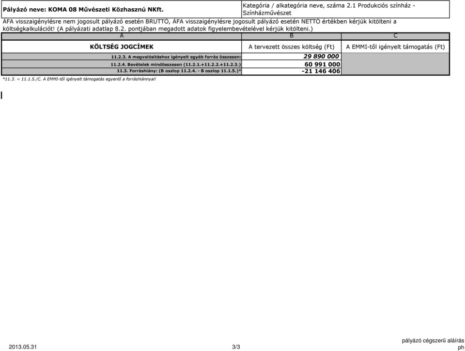 pontjában megadott adatok figyelembevételével kérjük kitölteni.) A B C *11.3. = 11.1.5./C. A EMMI-től igényelt támogatás egyenlő a forráshiánnyal! Kategória / alkategória neve, száma 2.