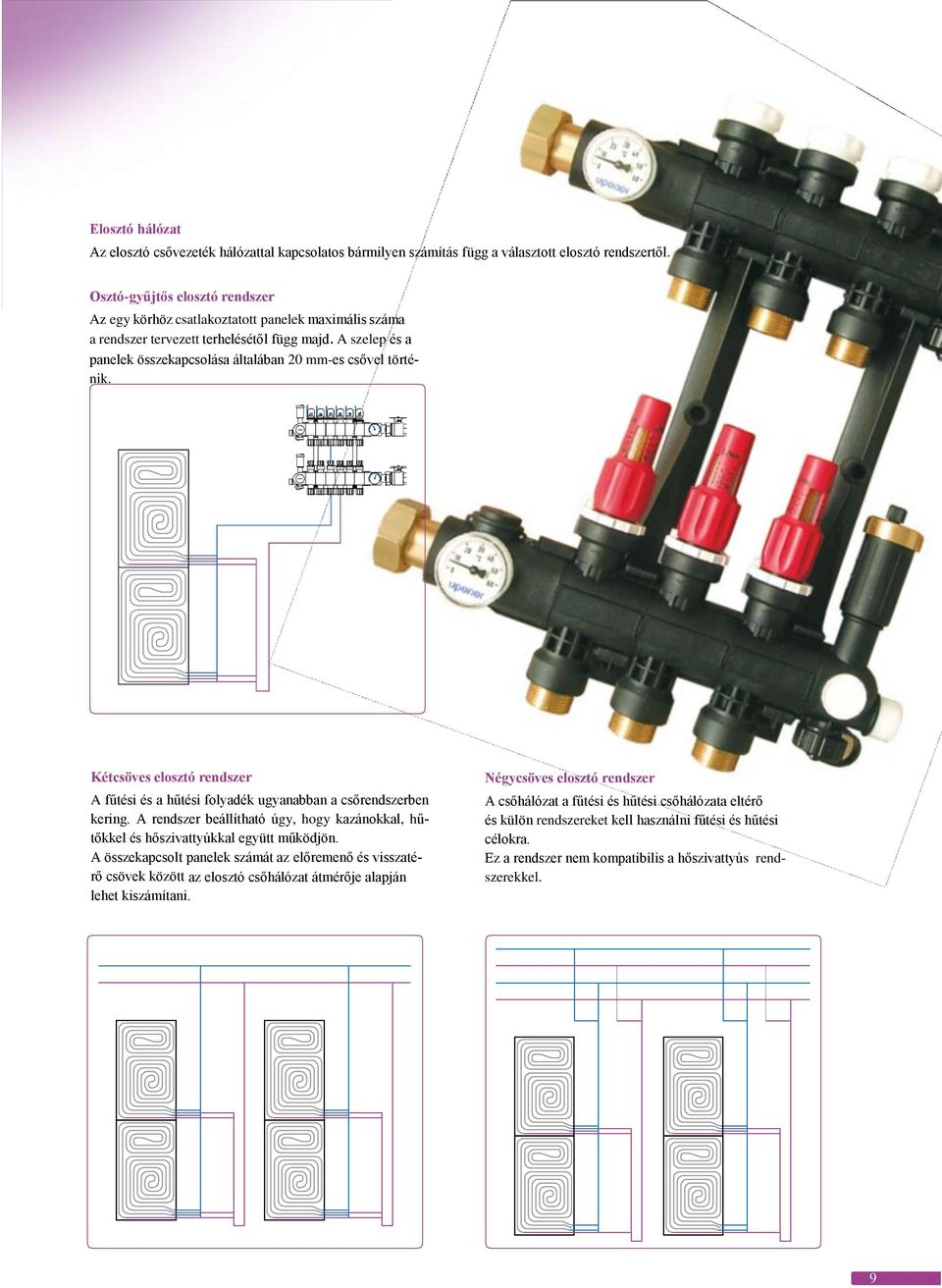 A szelep és a panelek összekapcsolása általában 20 mm-es csővel történik. Kétcsöves elosztó rendszer A fűtési és a hűtési folyadék ugyanabban a csőrendszerben kering.