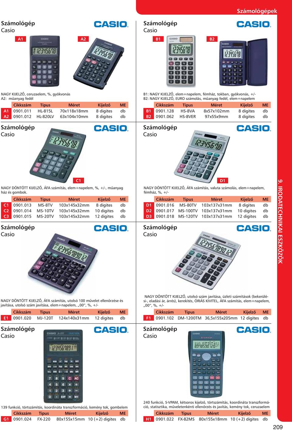 128 HS-8VA 8x57x102mm 8 digites db B2 0901.062 HS-8VER 97x55x9mm 8 digites db NAGY DÖNTÖTT KIJELZŐ, ÁFA számítás, elem+napelem, %, +/-, műanyag ház és gombok. C1 0901.