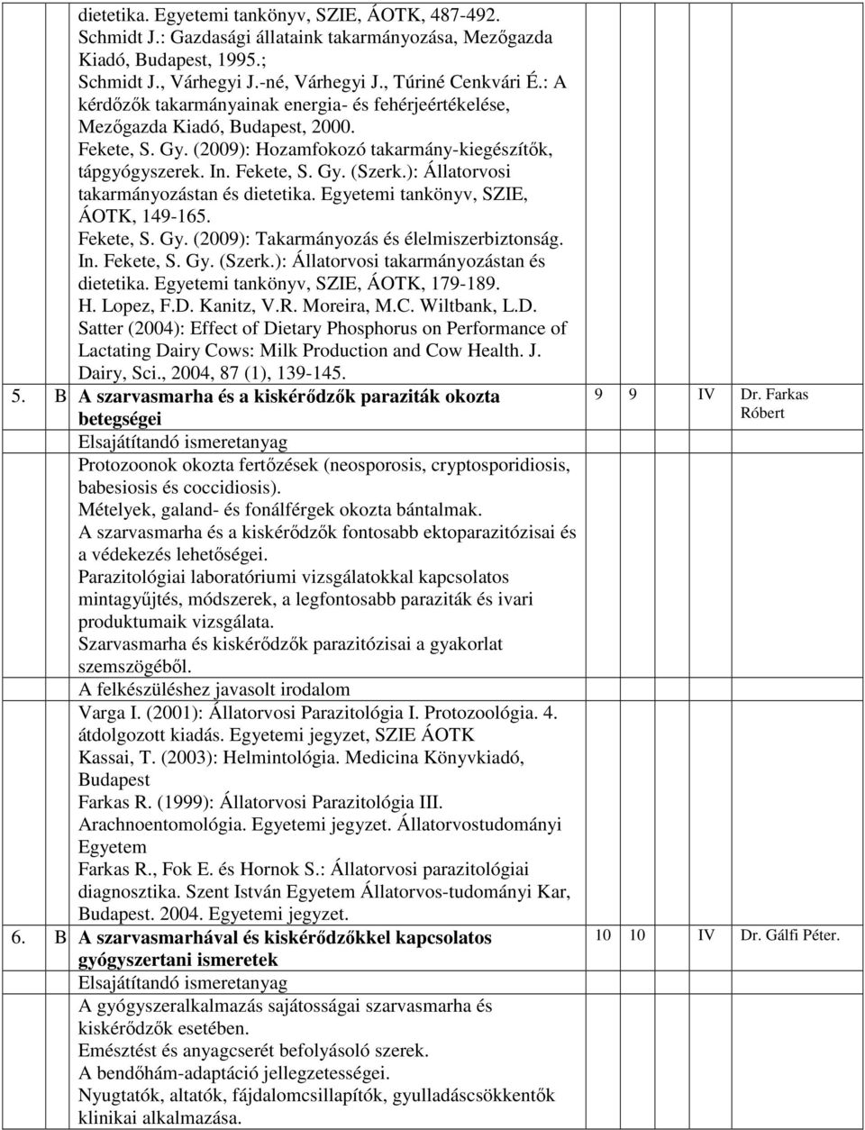 ): Állatorvosi takarmányozástan és dietetika. Egyetemi tankönyv, SZIE, ÁOTK, 49-65. Fekete, S. Gy. (009): Takarmányozás és élelmiszerbiztonság. In. Fekete, S. Gy. (Szerk.