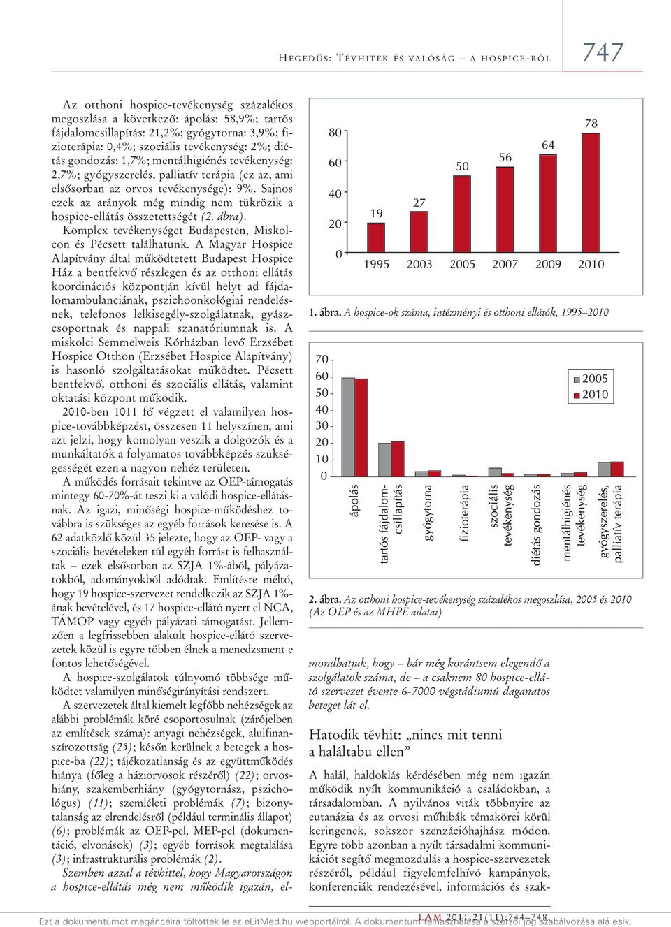 Az otthoni hospice-tevékenység százalékos megoszlása, 2005 és 2010 (Az OEP és az MHPE adatai) Az otthoni hospice-tevékenység százalékos megoszlása a következô: ápolás: 58,9%; tartós